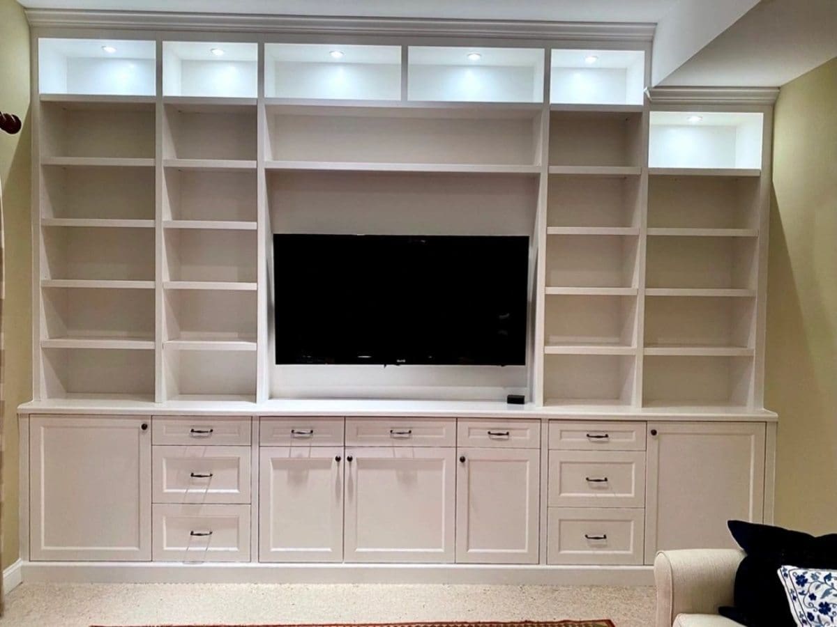 Family room with TV, and designed Closet